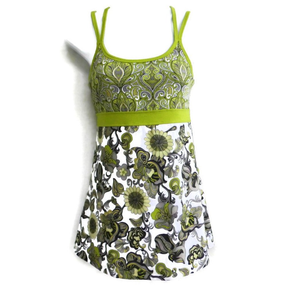 Prana Yoga Tunic Tank Shelf Bra Floral Lime Green Strappy Moroccan Small S